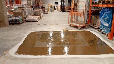 Pano de piso restaurado recém-acabado, brilhante, entre estruturas de armazenagem laranja